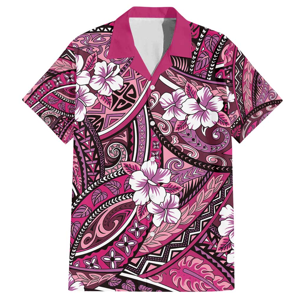 Polynesian Hibiscus Tropical Pink Floral Family Matching Puletasi and Hawaiian Shirt Tribal Pattern - Polynesian Pride