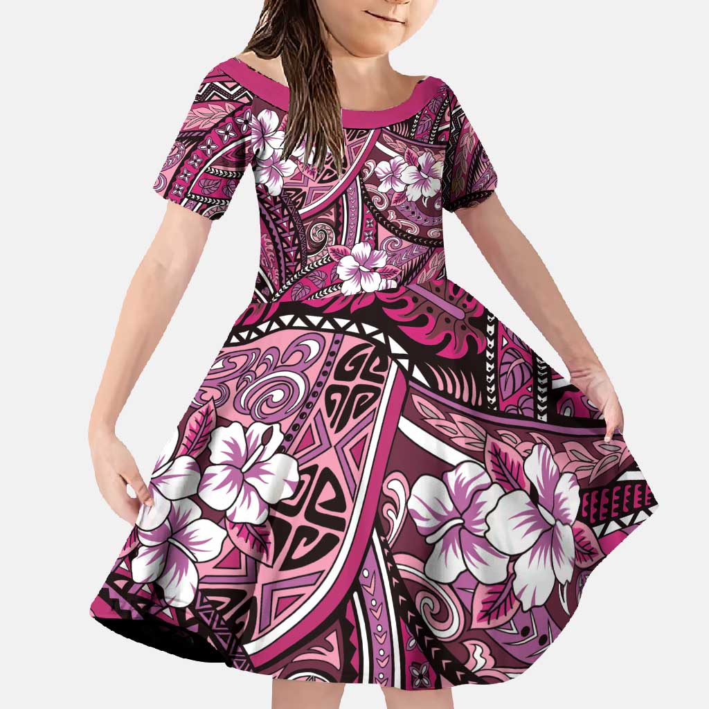 Polynesian Hibiscus Tropical Pink Floral Family Matching Short Sleeve Bodycon Dress and Hawaiian Shirt Tribal Pattern - Polynesian Pride