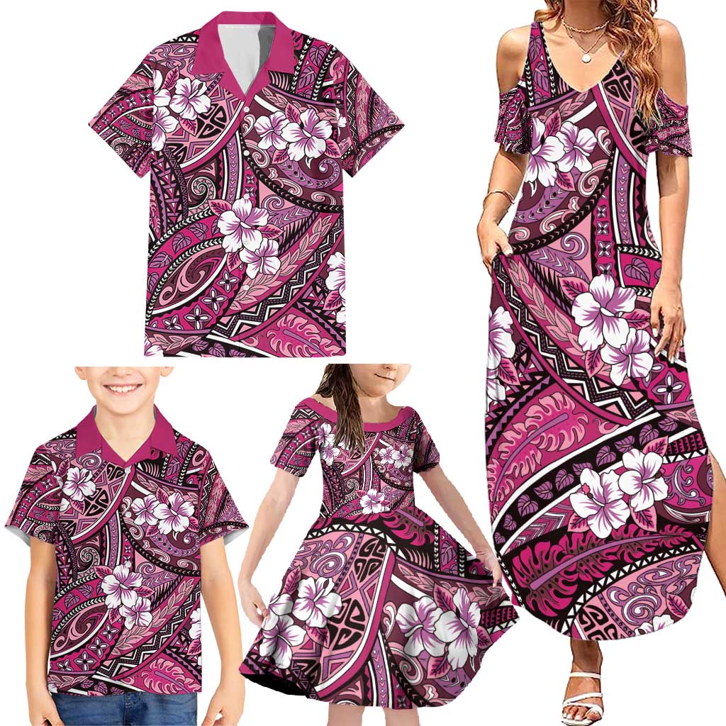 Polynesian Hibiscus Tropical Pink Floral Family Matching Summer Maxi Dress and Hawaiian Shirt Tribal Pattern - Polynesian Pride