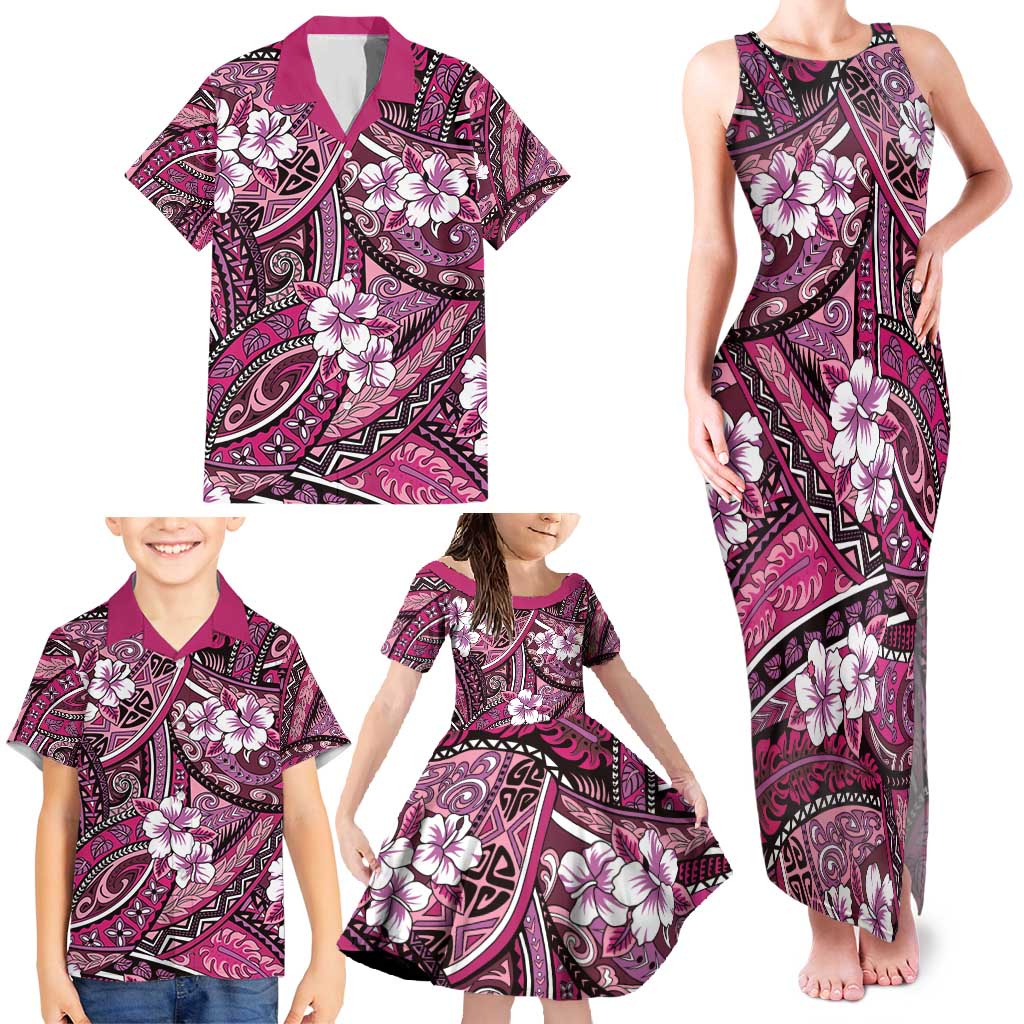 Polynesian Hibiscus Tropical Pink Floral Family Matching Tank Maxi Dress and Hawaiian Shirt Tribal Pattern - Polynesian Pride
