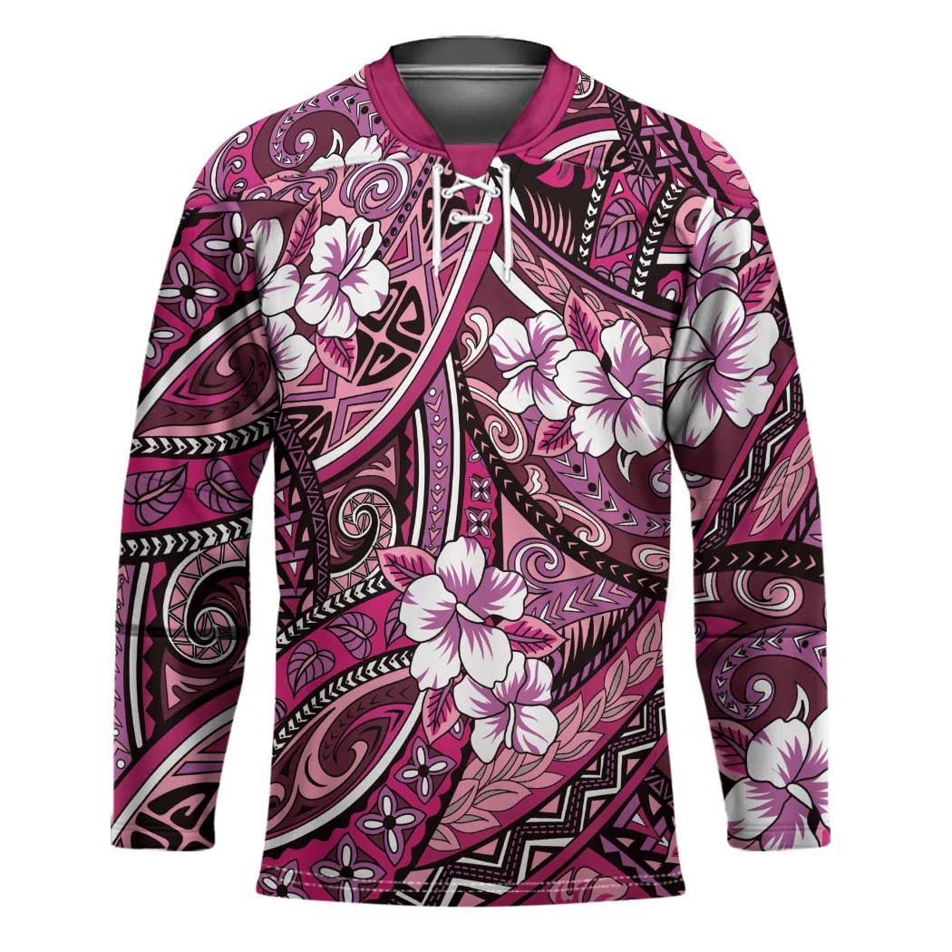 Polynesian Hibiscus Tropical Pink Floral Hockey Jersey Tribal Pattern - Polynesian Pride