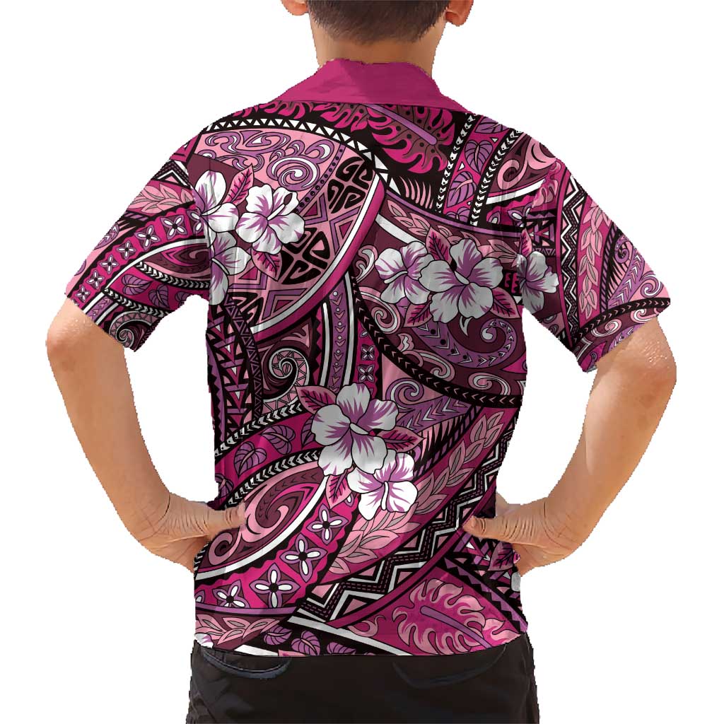 Polynesian Hibiscus Tropical Pink Floral Kid Hawaiian Shirt Tribal Pattern - Polynesian Pride