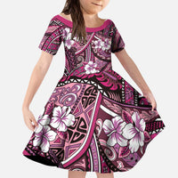 Polynesian Hibiscus Tropical Pink Floral Kid Short Sleeve Dress Tribal Pattern - Polynesian Pride