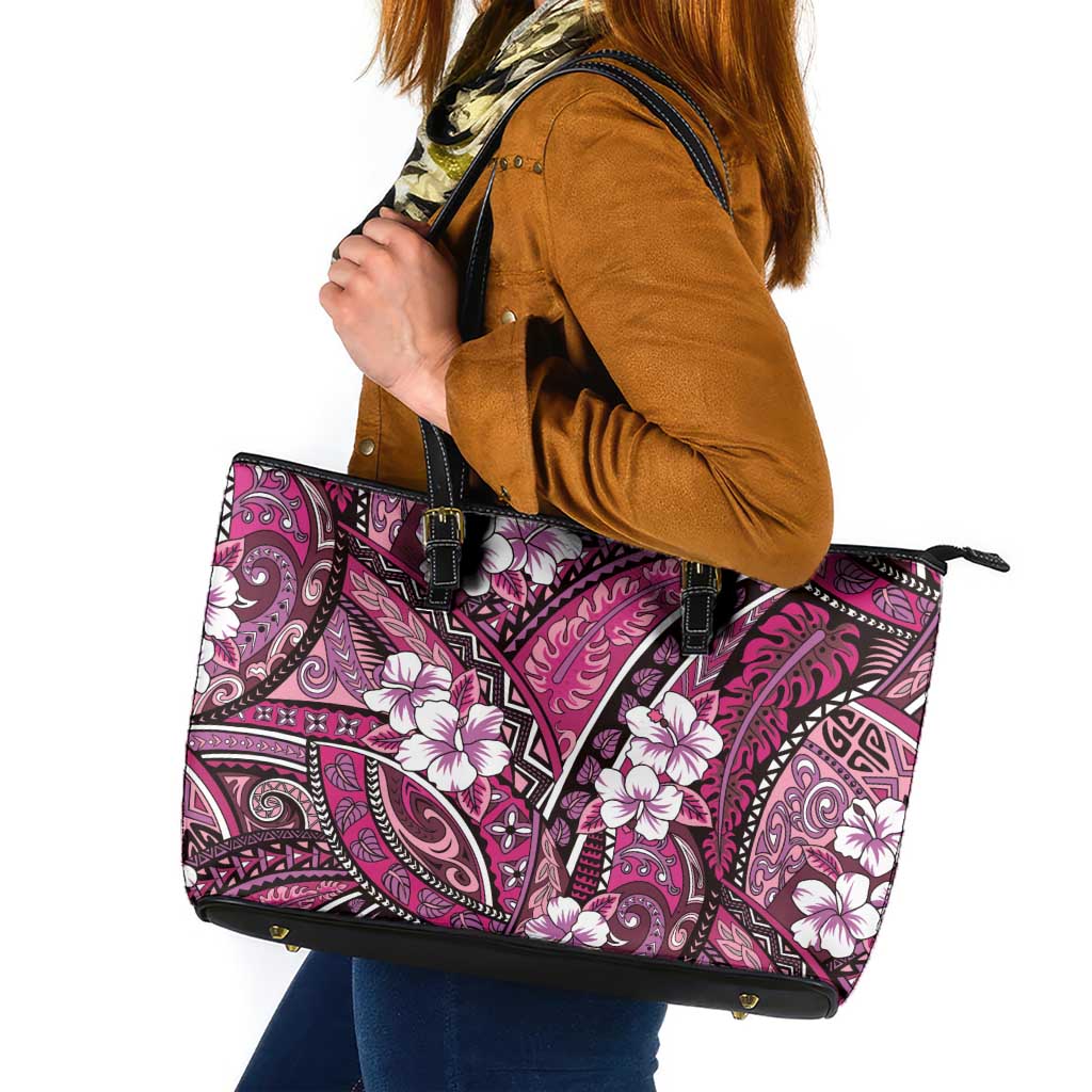 Polynesian Hibiscus Tropical Pink Floral Leather Tote Bag Tribal Pattern - Polynesian Pride