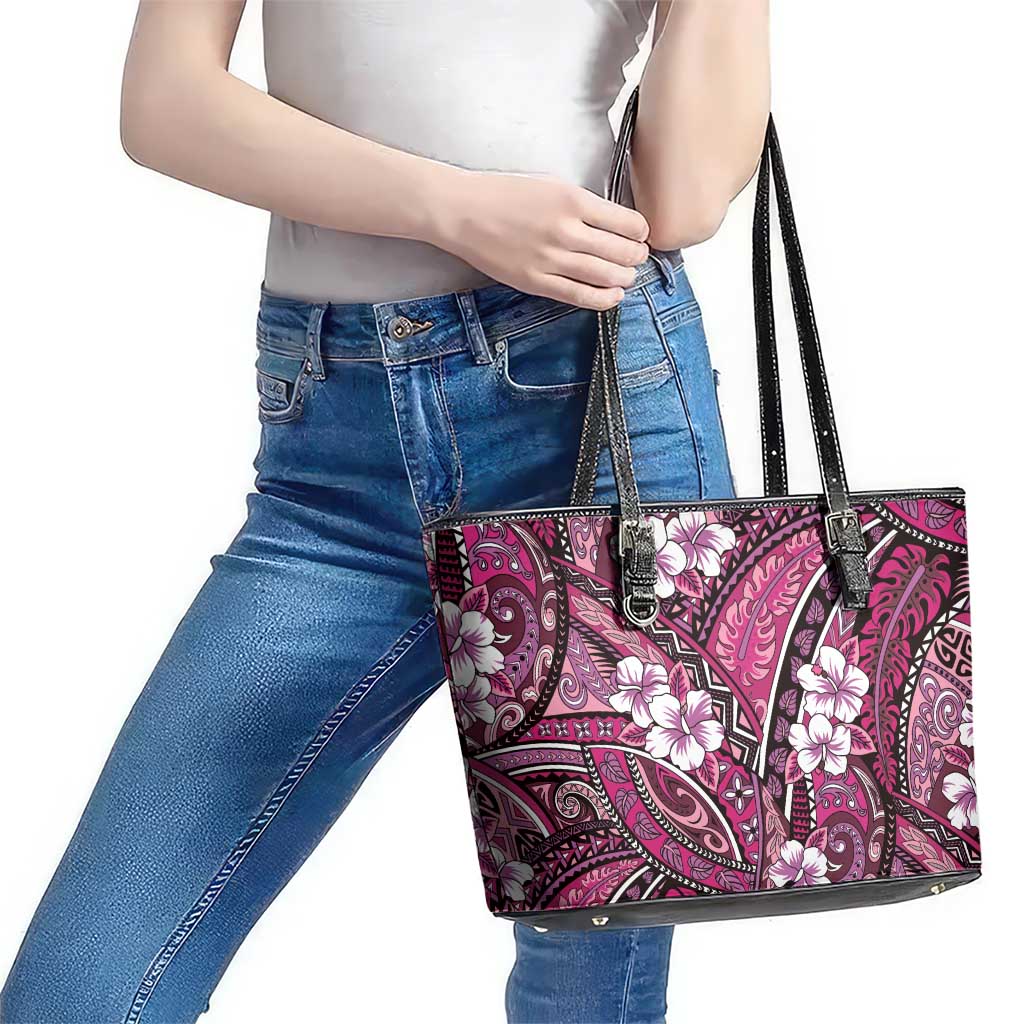 Polynesian Hibiscus Tropical Pink Floral Leather Tote Bag Tribal Pattern - Polynesian Pride