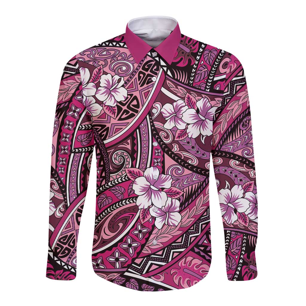 Polynesian Hibiscus Tropical Pink Floral Long Sleeve Button Shirt Tribal Pattern - Polynesian Pride