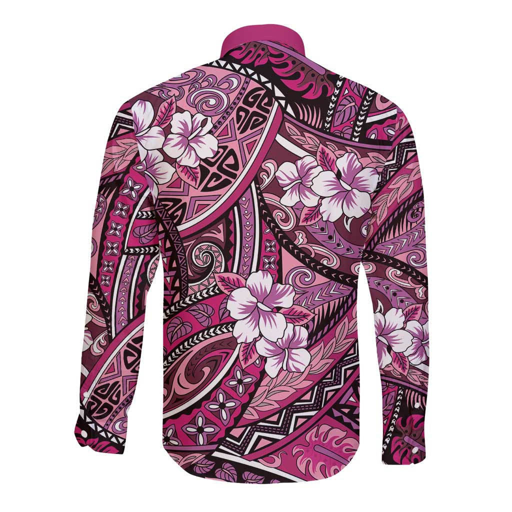Polynesian Hibiscus Tropical Pink Floral Long Sleeve Button Shirt Tribal Pattern - Polynesian Pride
