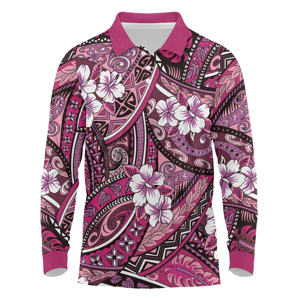Polynesian Hibiscus Tropical Pink Floral Long Sleeve Polo Shirt Tribal Pattern - Polynesian Pride