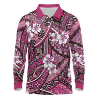 Polynesian Hibiscus Tropical Pink Floral Long Sleeve Polo Shirt Tribal Pattern - Polynesian Pride