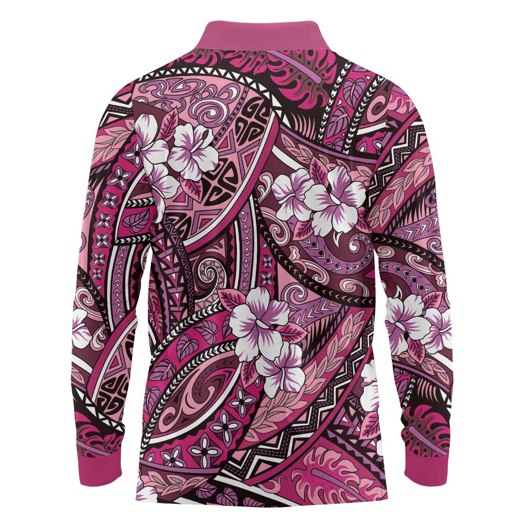 Polynesian Hibiscus Tropical Pink Floral Long Sleeve Polo Shirt Tribal Pattern - Polynesian Pride