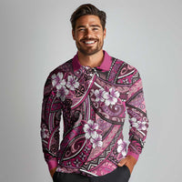 Polynesian Hibiscus Tropical Pink Floral Long Sleeve Polo Shirt Tribal Pattern - Polynesian Pride