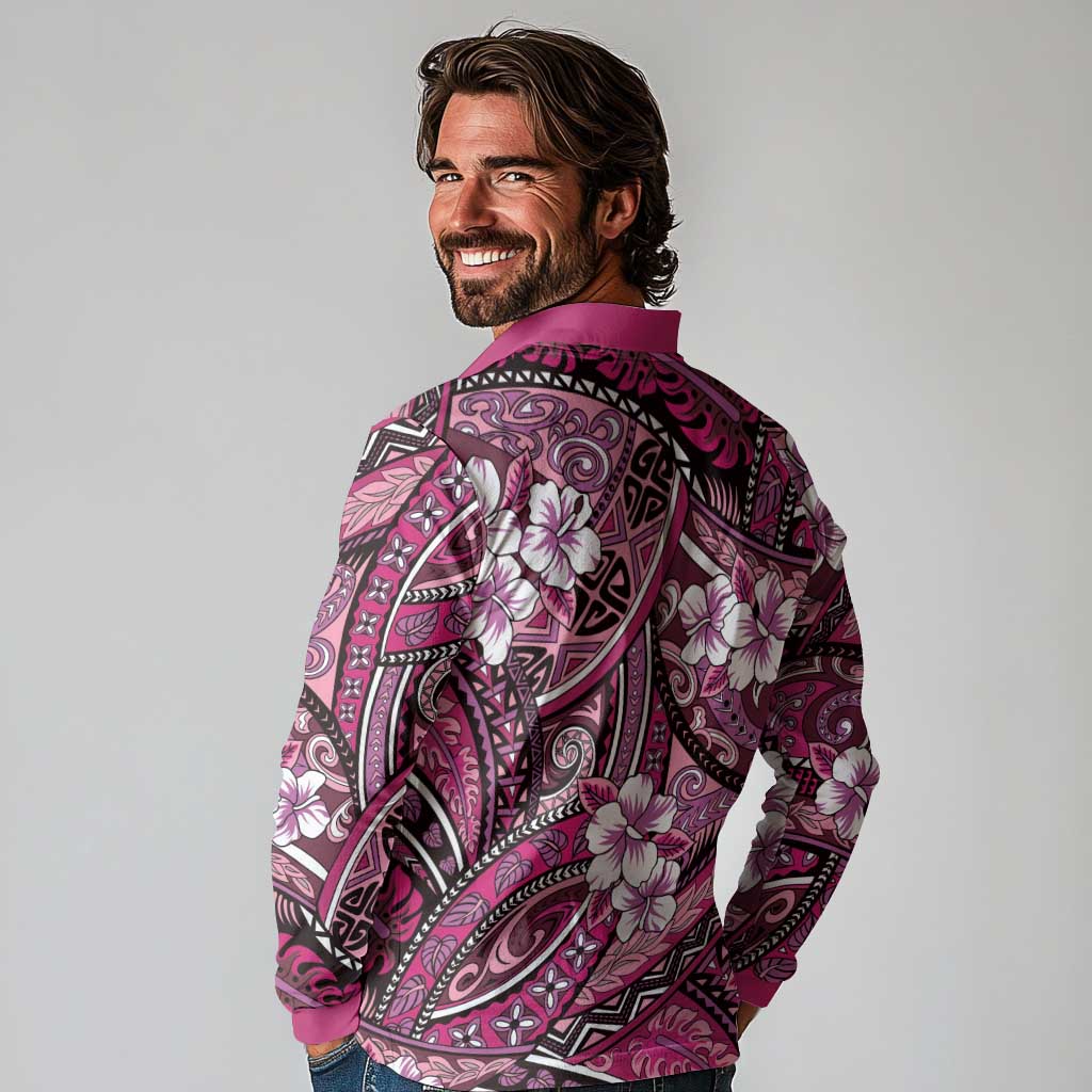Polynesian Hibiscus Tropical Pink Floral Long Sleeve Polo Shirt Tribal Pattern - Polynesian Pride