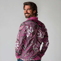 Polynesian Hibiscus Tropical Pink Floral Long Sleeve Polo Shirt Tribal Pattern - Polynesian Pride