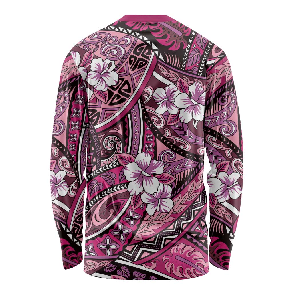 Polynesian Hibiscus Tropical Pink Floral Long Sleeve Shirt Tribal Pattern - Polynesian Pride