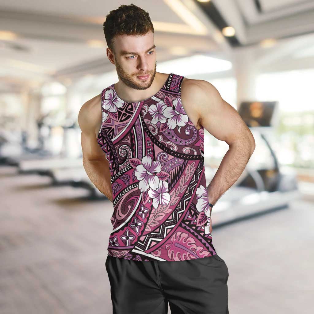 Polynesian Hibiscus Tropical Pink Floral Men Tank Top Tribal Pattern - Polynesian Pride