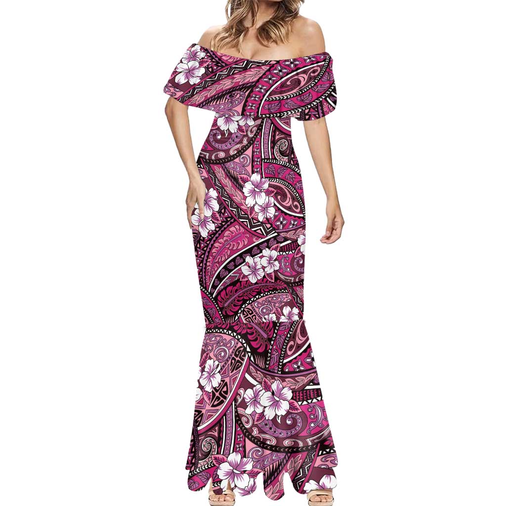 Polynesian Hibiscus Tropical Pink Floral Mermaid Dress Tribal Pattern - Polynesian Pride