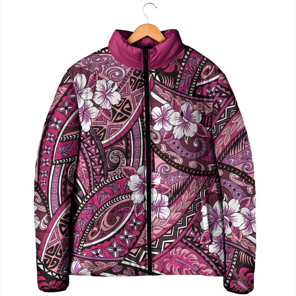 Polynesian Hibiscus Tropical Pink Floral Padded Jacket Tribal Pattern - Polynesian Pride