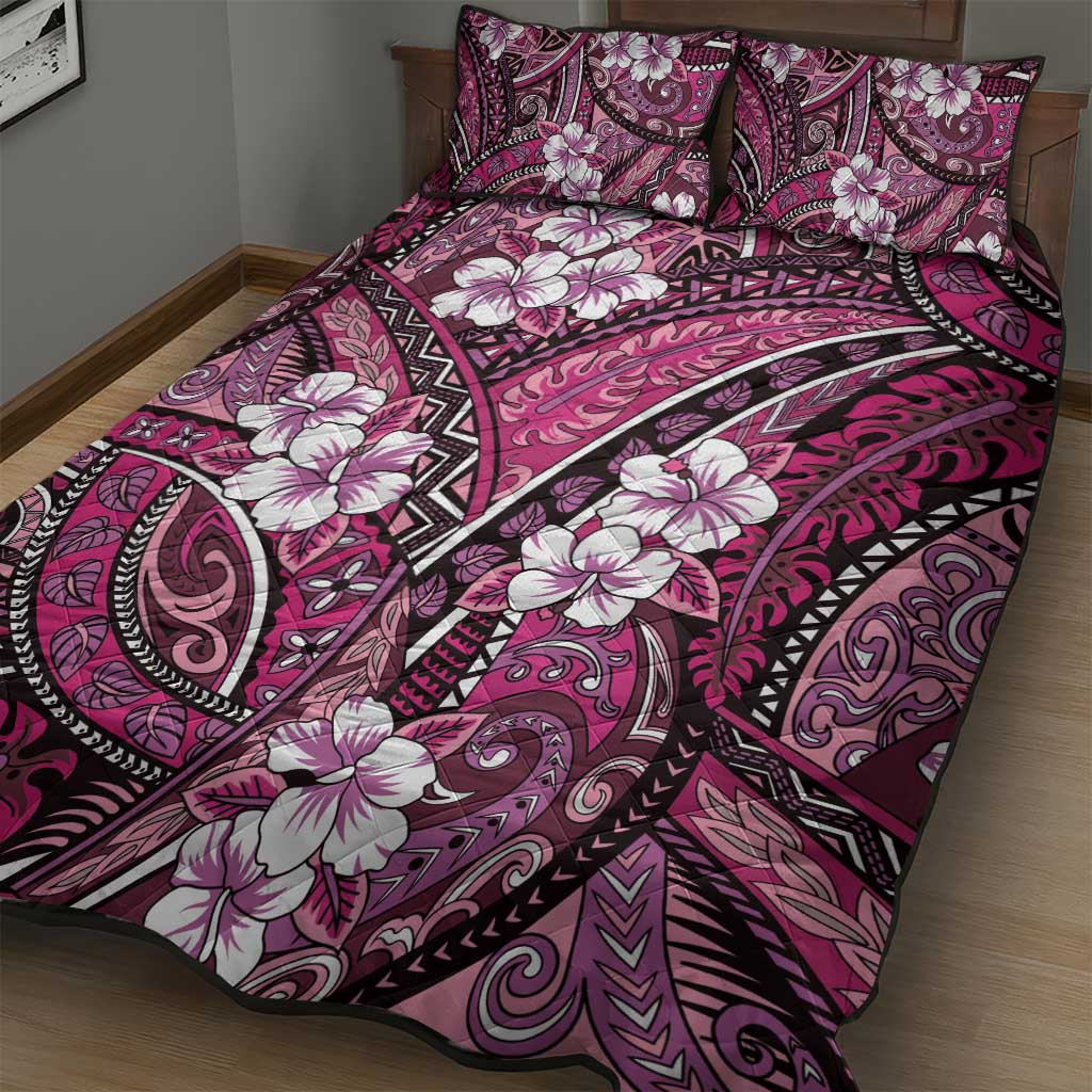 Polynesian Hibiscus Tropical Pink Floral Quilt Bed Set Tribal Pattern - Polynesian Pride