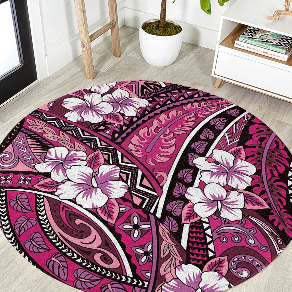 Polynesian Hibiscus Tropical Pink Floral Round Carpet Tribal Pattern LT01 Pink - Polynesian Pride