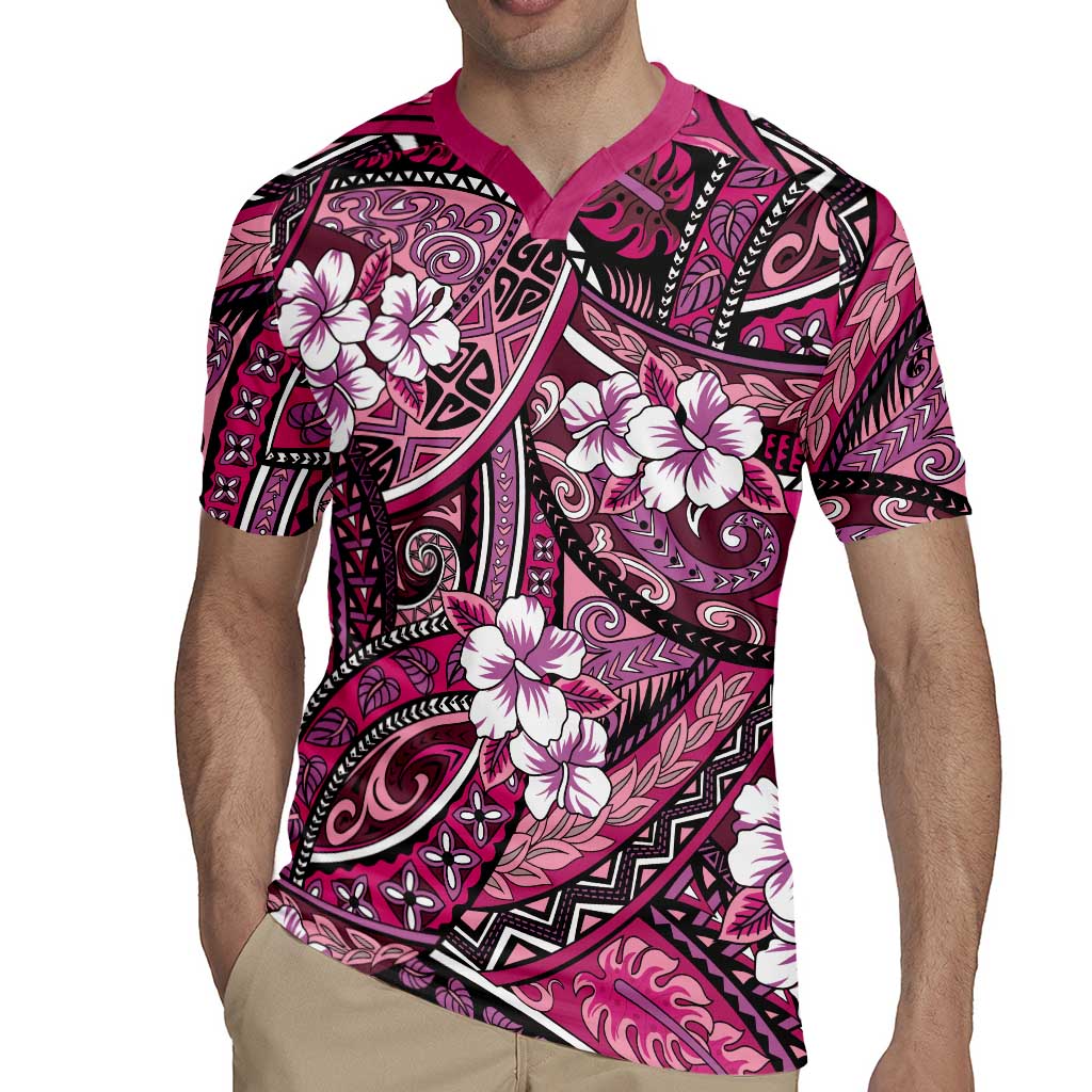 Polynesian Hibiscus Tropical Pink Floral Rugby Jersey Tribal Pattern - Polynesian Pride