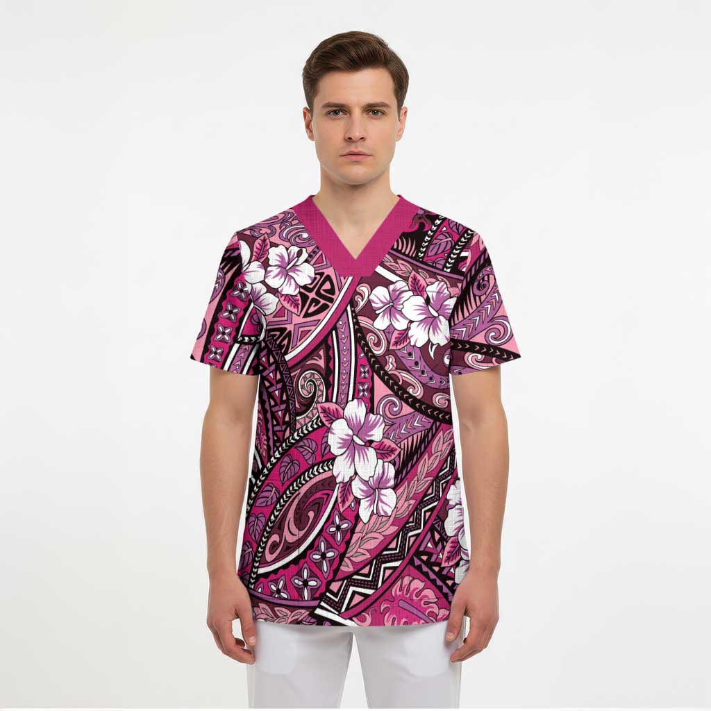 Polynesian Hibiscus Tropical Pink Floral Scrub Top Tribal Pattern - Polynesian Pride
