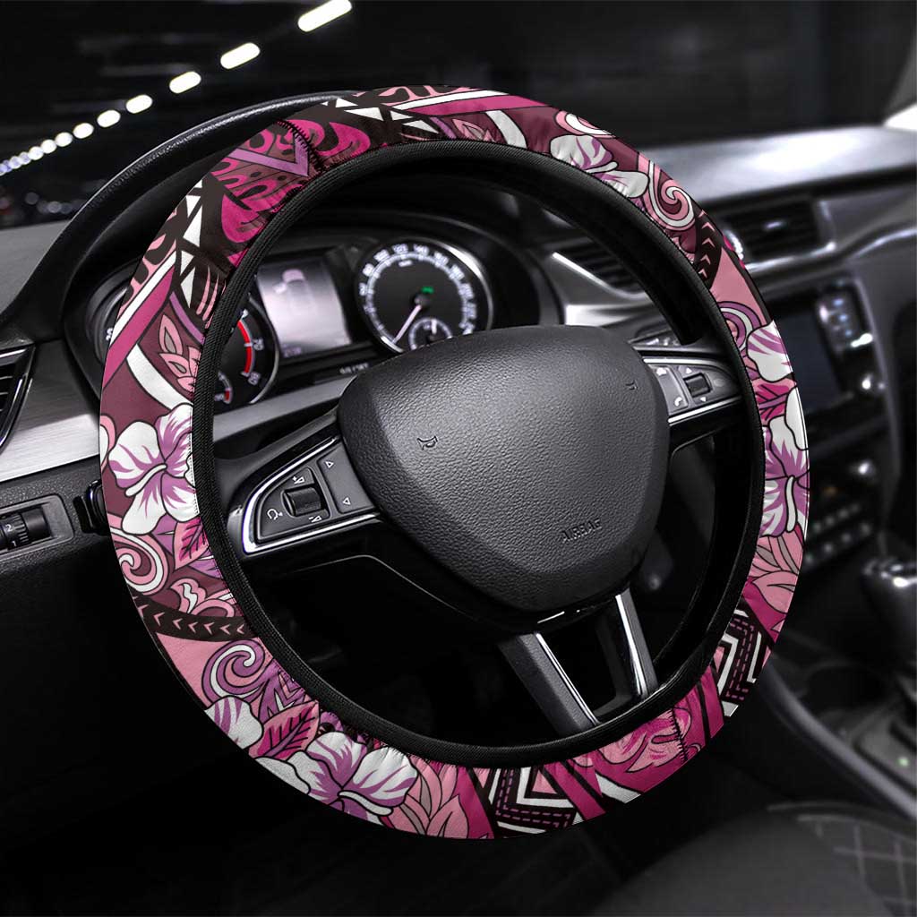 Polynesian Hibiscus Tropical Pink Floral Steering Wheel Cover Tribal Pattern - Polynesian Pride
