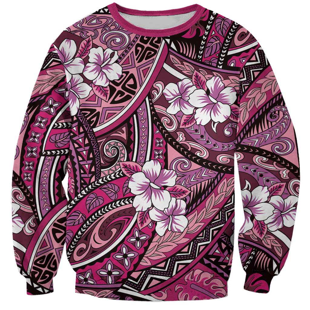 Polynesian Hibiscus Tropical Pink Floral Sweatshirt Tribal Pattern - Polynesian Pride