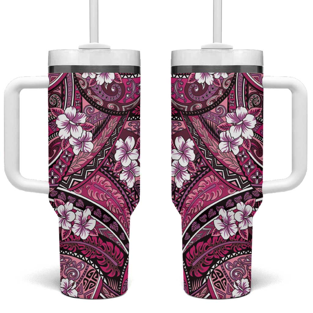 Polynesian Hibiscus Tropical Pink Floral Tumbler With Handle Tribal Pattern - Polynesian Pride