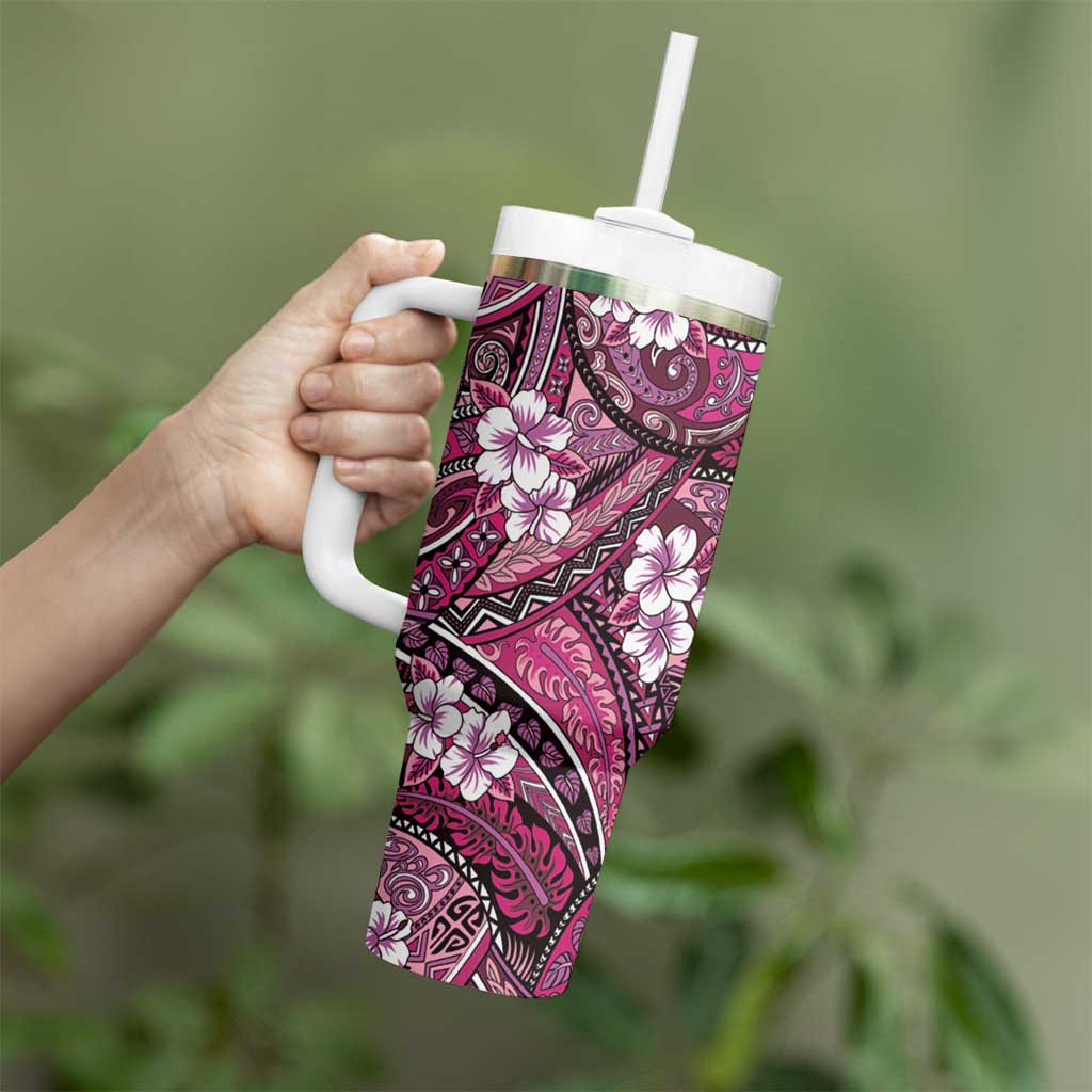 Polynesian Hibiscus Tropical Pink Floral Tumbler With Handle Tribal Pattern LT01 - Polynesian Pride