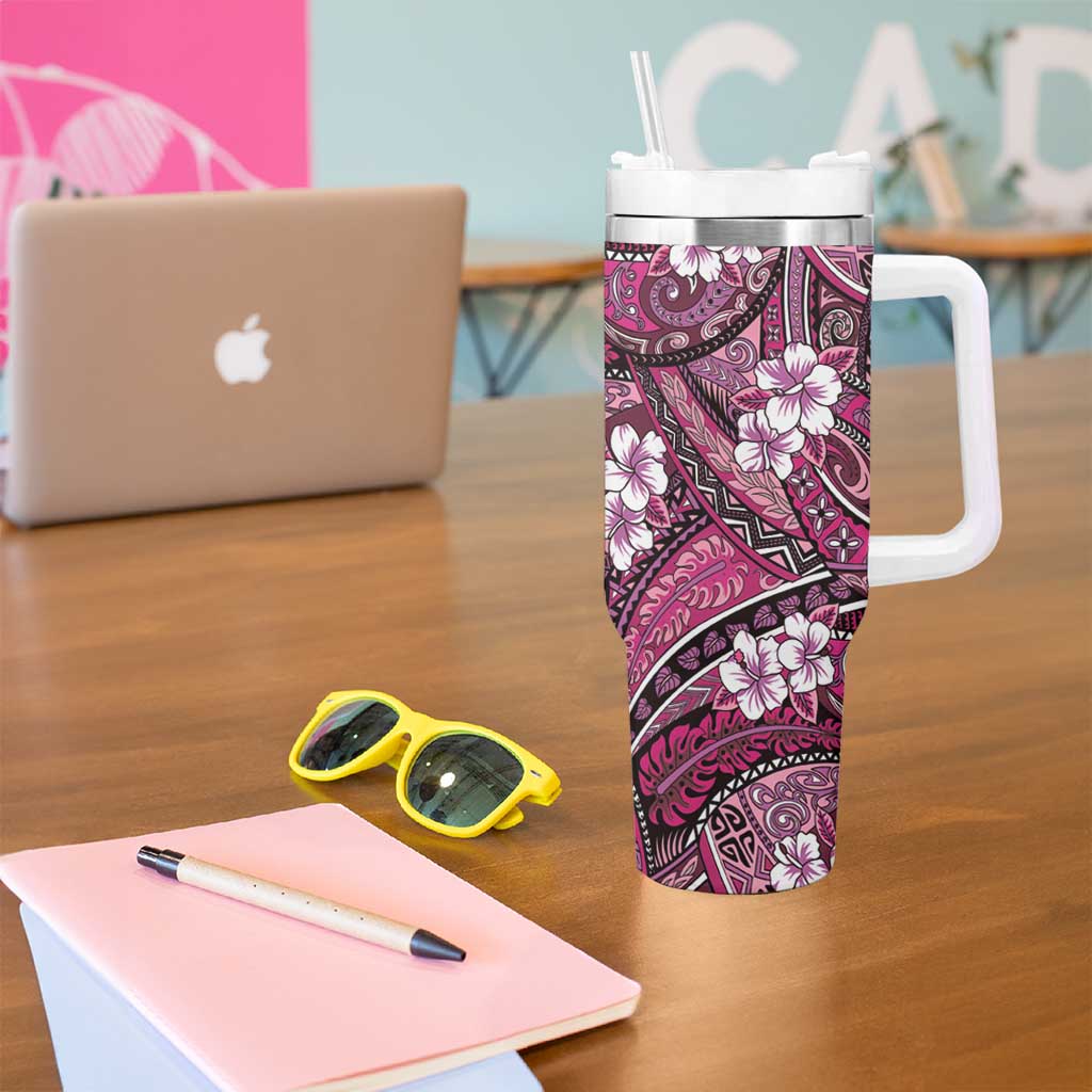 Polynesian Hibiscus Tropical Pink Floral Tumbler With Handle Tribal Pattern LT01 - Polynesian Pride