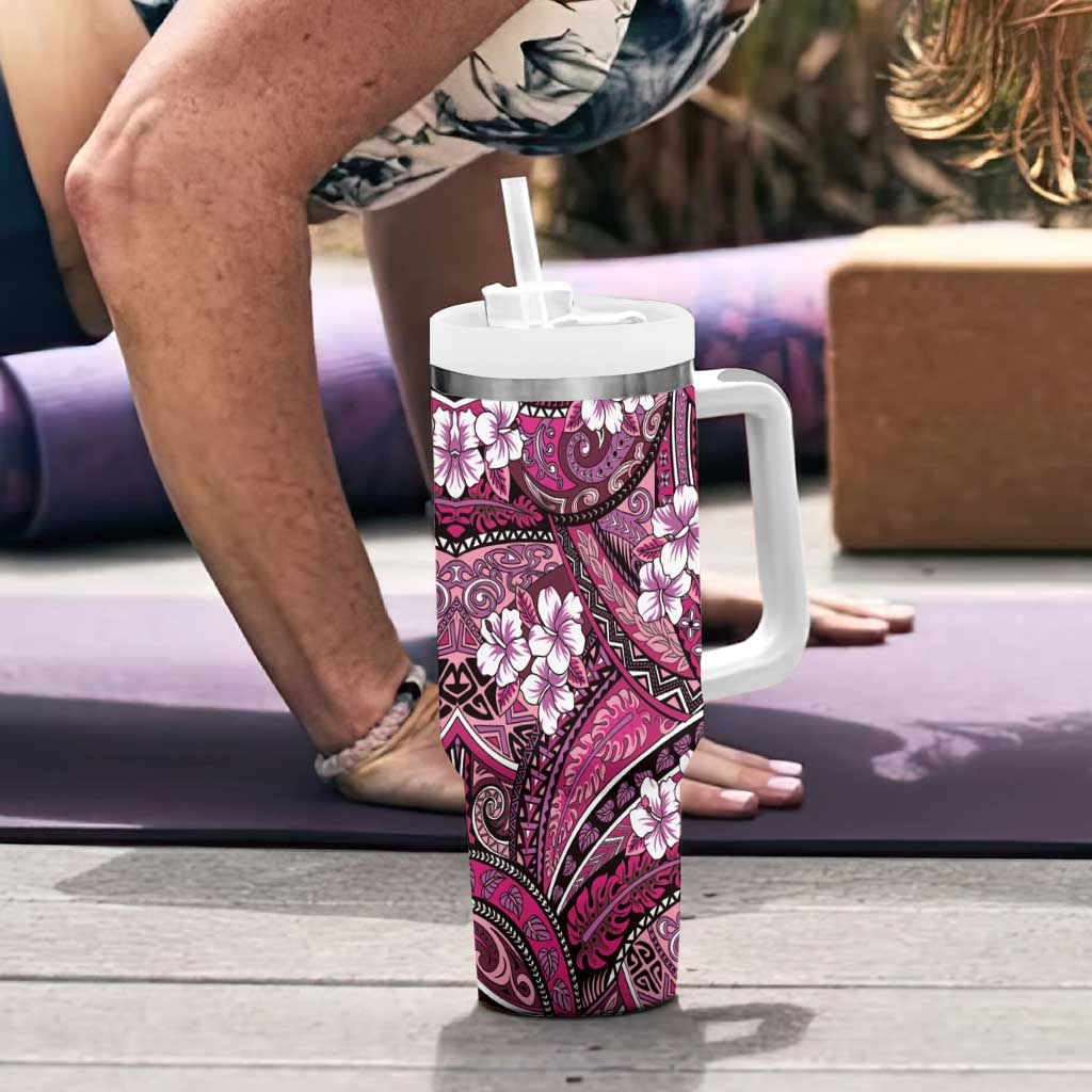 Polynesian Hibiscus Tropical Pink Floral Tumbler With Handle Tribal Pattern LT01 - Polynesian Pride