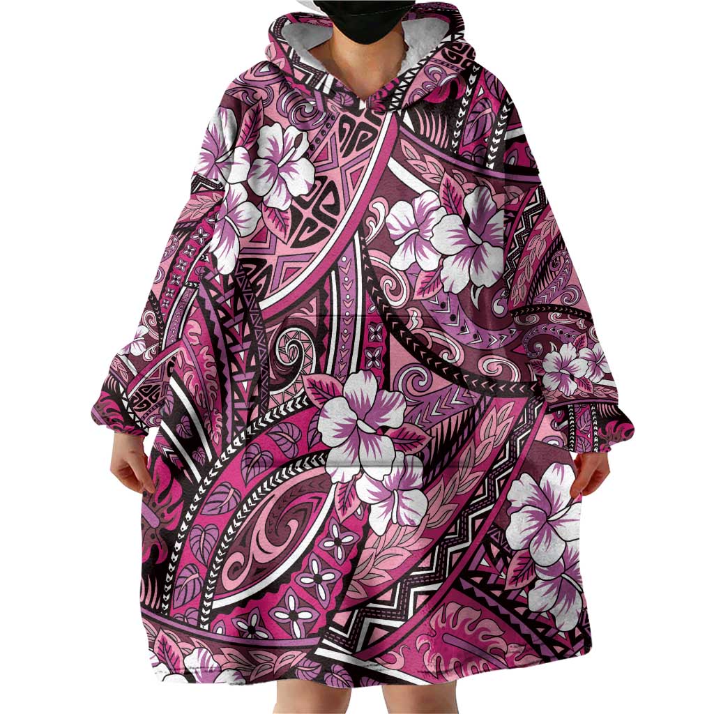 Polynesian Hibiscus Tropical Pink Floral Wearable Blanket Hoodie Tribal Pattern - Polynesian Pride