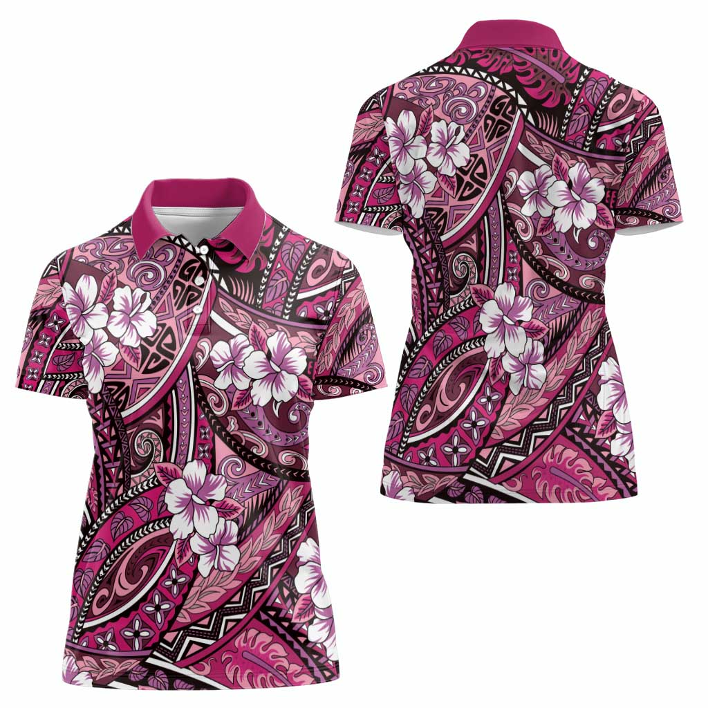 Polynesian Hibiscus Tropical Pink Floral Women Polo Shirt Tribal Pattern - Polynesian Pride