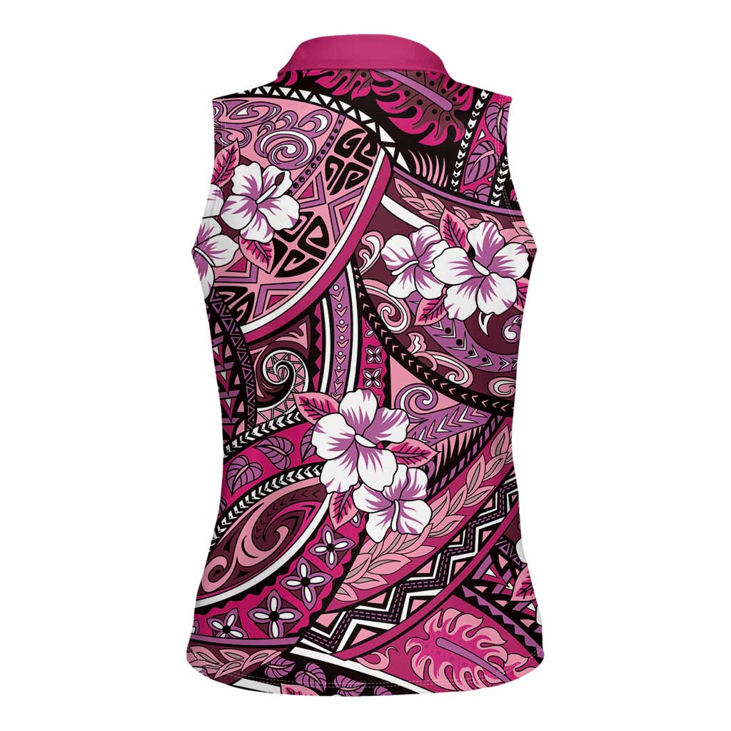 Polynesian Hibiscus Tropical Pink Floral Women Sleeveless Polo Shirt Tribal Pattern - Polynesian Pride