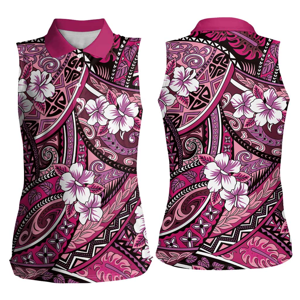 Polynesian Hibiscus Tropical Pink Floral Women Sleeveless Polo Shirt Tribal Pattern - Polynesian Pride