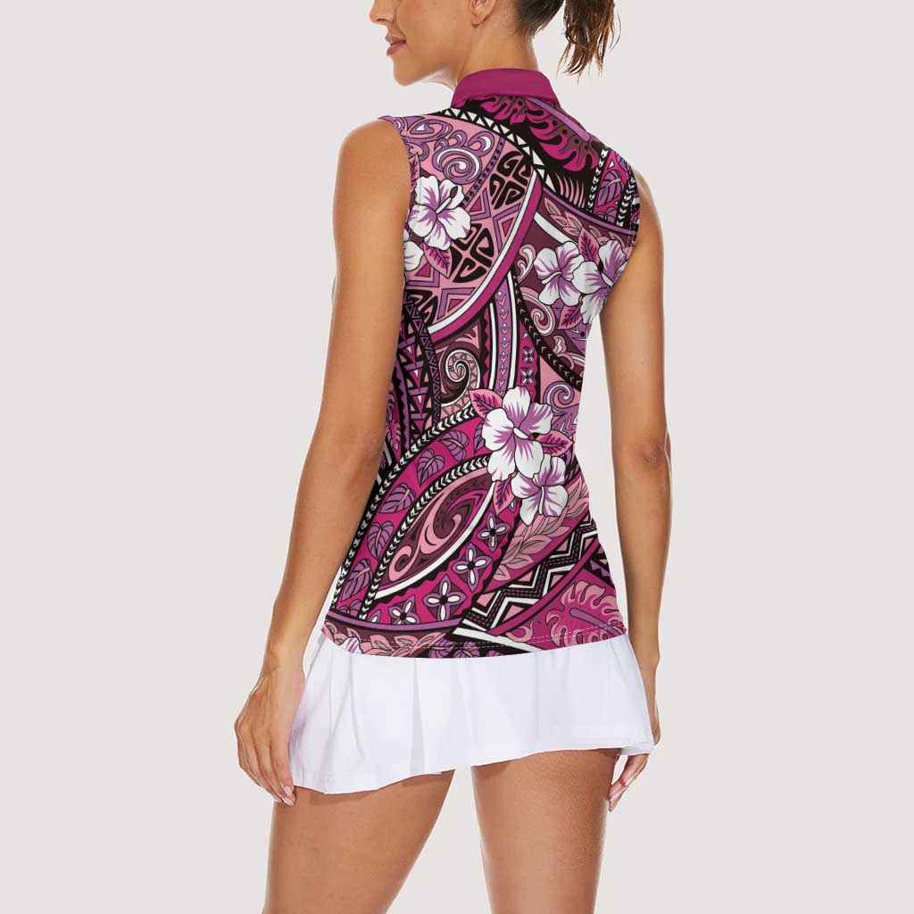 Polynesian Hibiscus Tropical Pink Floral Women Sleeveless Polo Shirt Tribal Pattern - Polynesian Pride