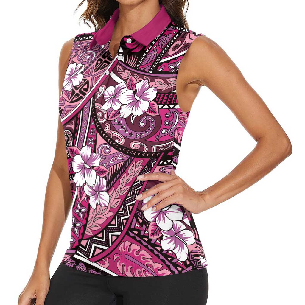 Polynesian Hibiscus Tropical Pink Floral Women Sleeveless Polo Shirt Tribal Pattern - Polynesian Pride