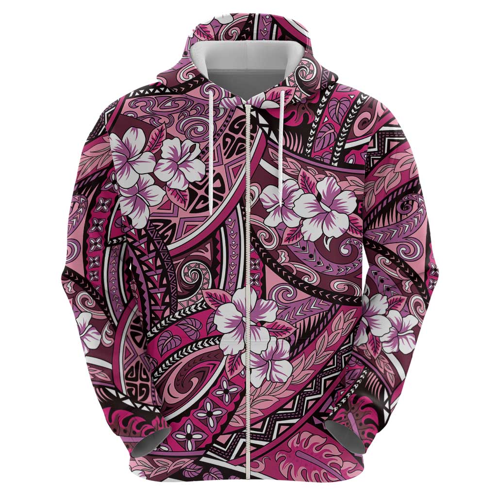 Polynesian Hibiscus Tropical Pink Floral Zip Hoodie Tribal Pattern - Polynesian Pride