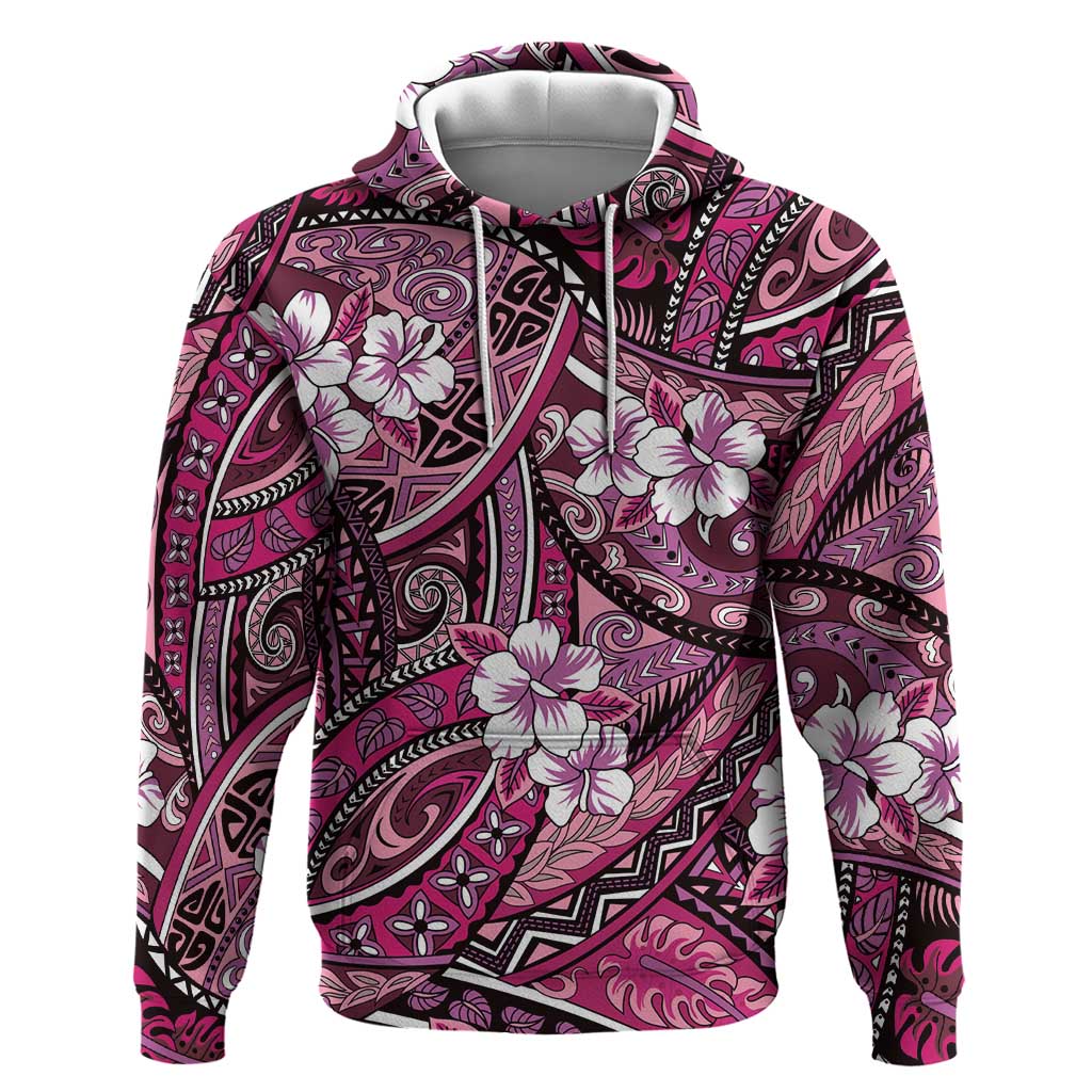 Polynesian Hibiscus Tropical Pink Floral Zip Hoodie Tribal Pattern - Polynesian Pride