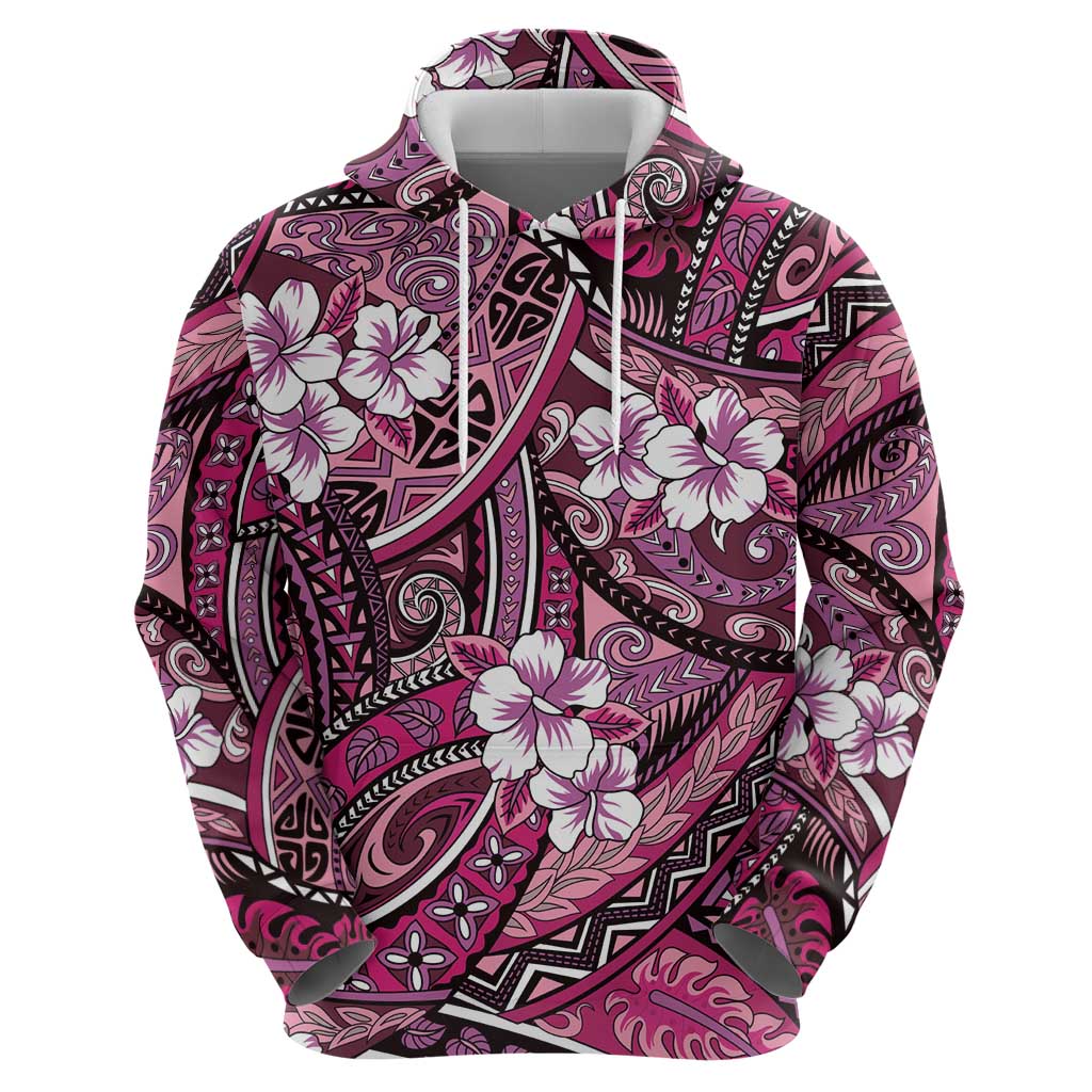 Polynesian Hibiscus Tropical Pink Floral Zip Hoodie Tribal Pattern - Polynesian Pride