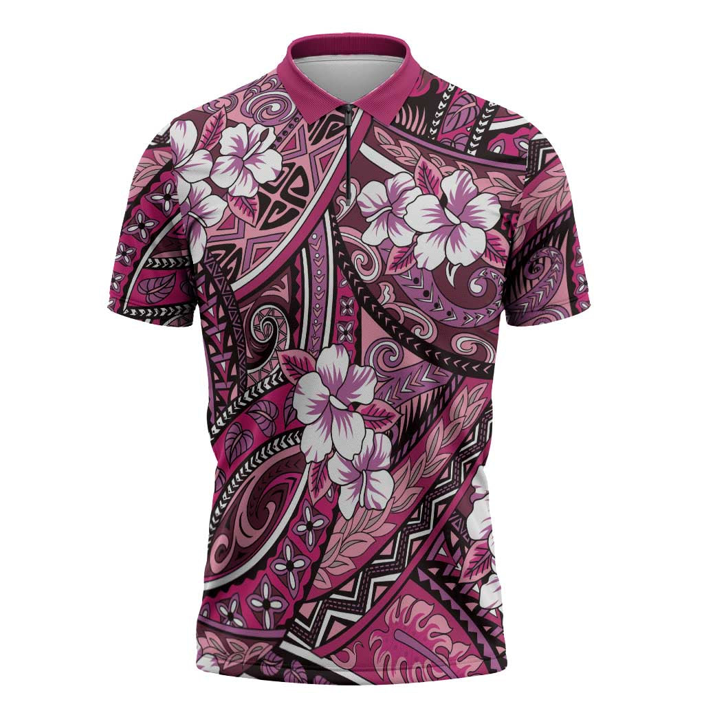 Polynesian Hibiscus Tropical Pink Floral Zipper Polo Shirt Tribal Pattern - Polynesian Pride