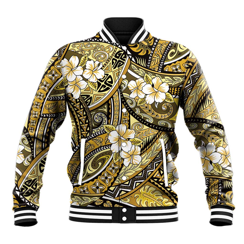 Polynesian Hibiscus Tropical Yellow Floral Baseball Jacket Tribal Pattern - Polynesian Pride