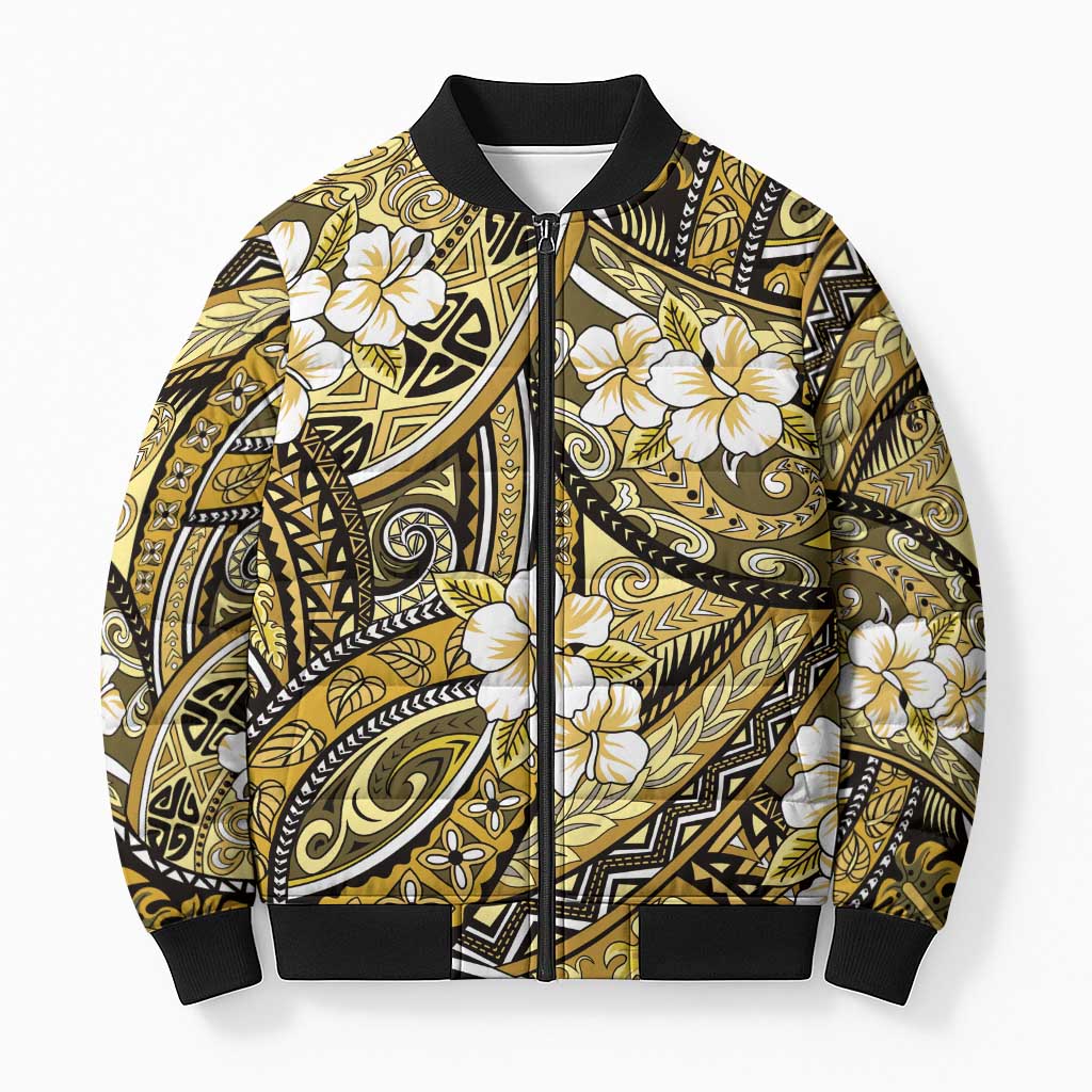 Polynesian Hibiscus Tropical Yellow Floral Bomber Puffer Jacket Tribal Pattern - Polynesian Pride