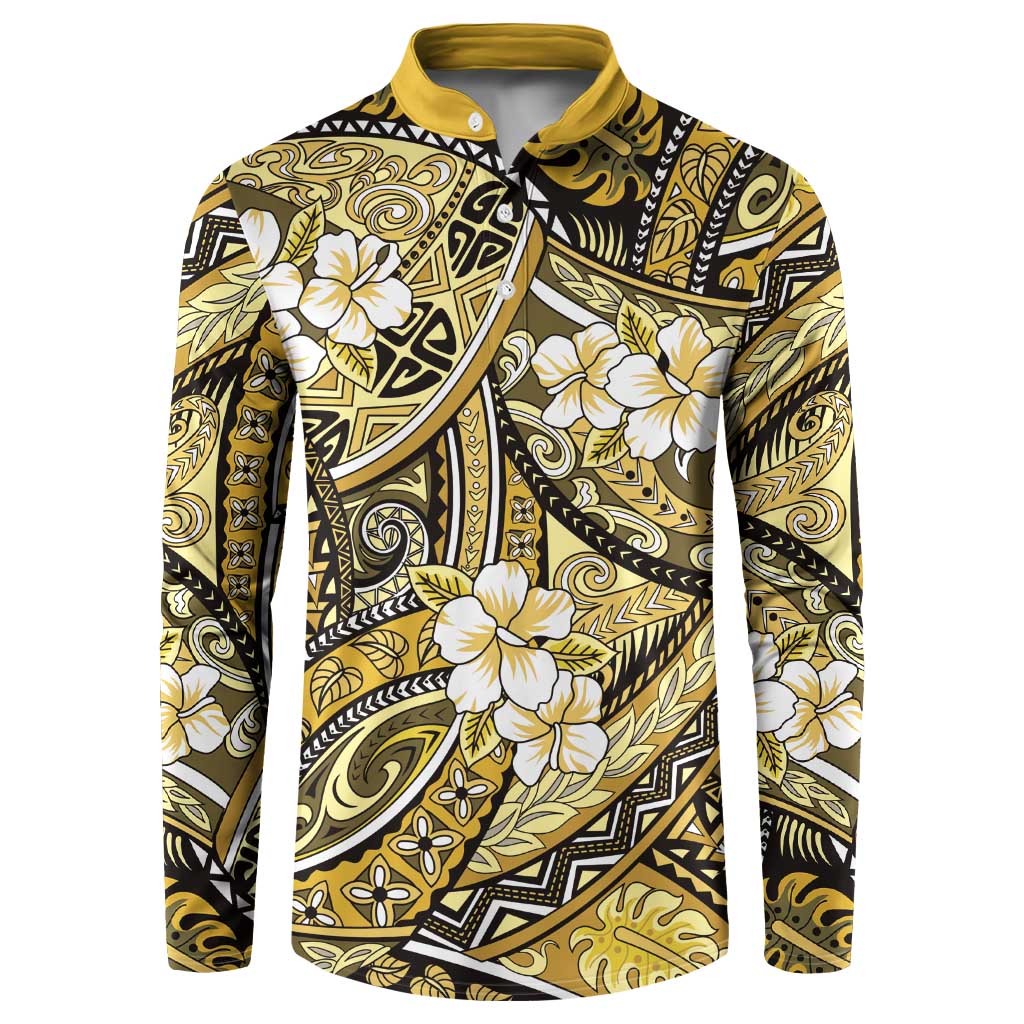 Polynesian Hibiscus Tropical Yellow Floral Button Sweatshirt Tribal Pattern - Polynesian Pride