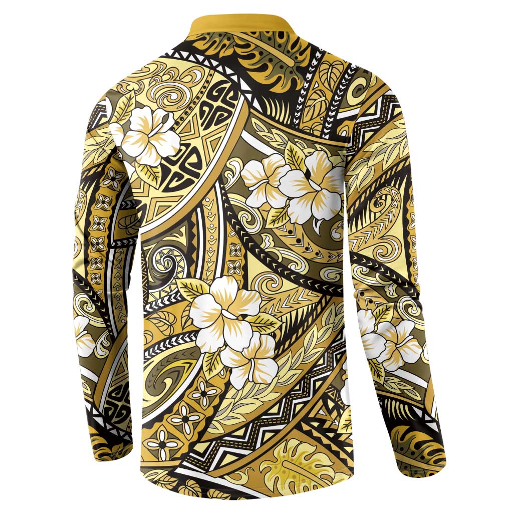 Polynesian Hibiscus Tropical Yellow Floral Button Sweatshirt Tribal Pattern - Polynesian Pride