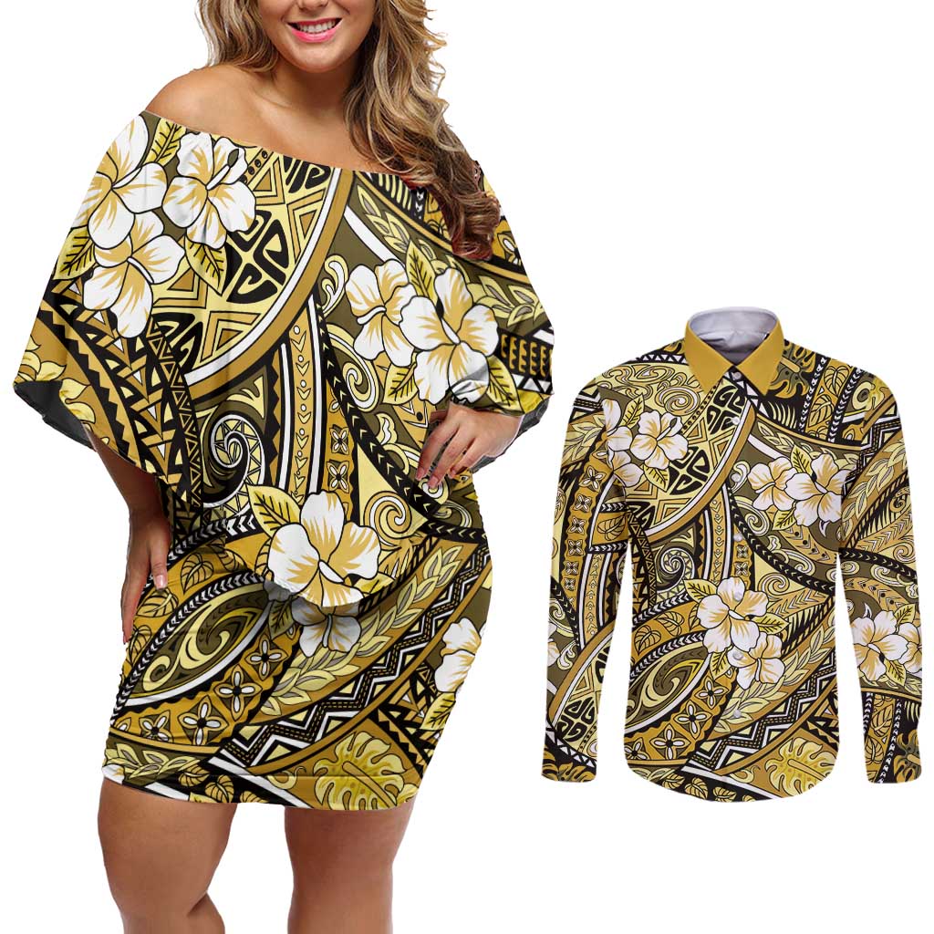 Polynesian Hibiscus Tropical Yellow Floral Couples Matching Off Shoulder Short Dress and Long Sleeve Button Shirt Tribal Pattern - Polynesian Pride