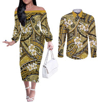 Polynesian Hibiscus Tropical Yellow Floral Couples Matching Off The Shoulder Long Sleeve Dress and Long Sleeve Button Shirt Tribal Pattern - Polynesian Pride
