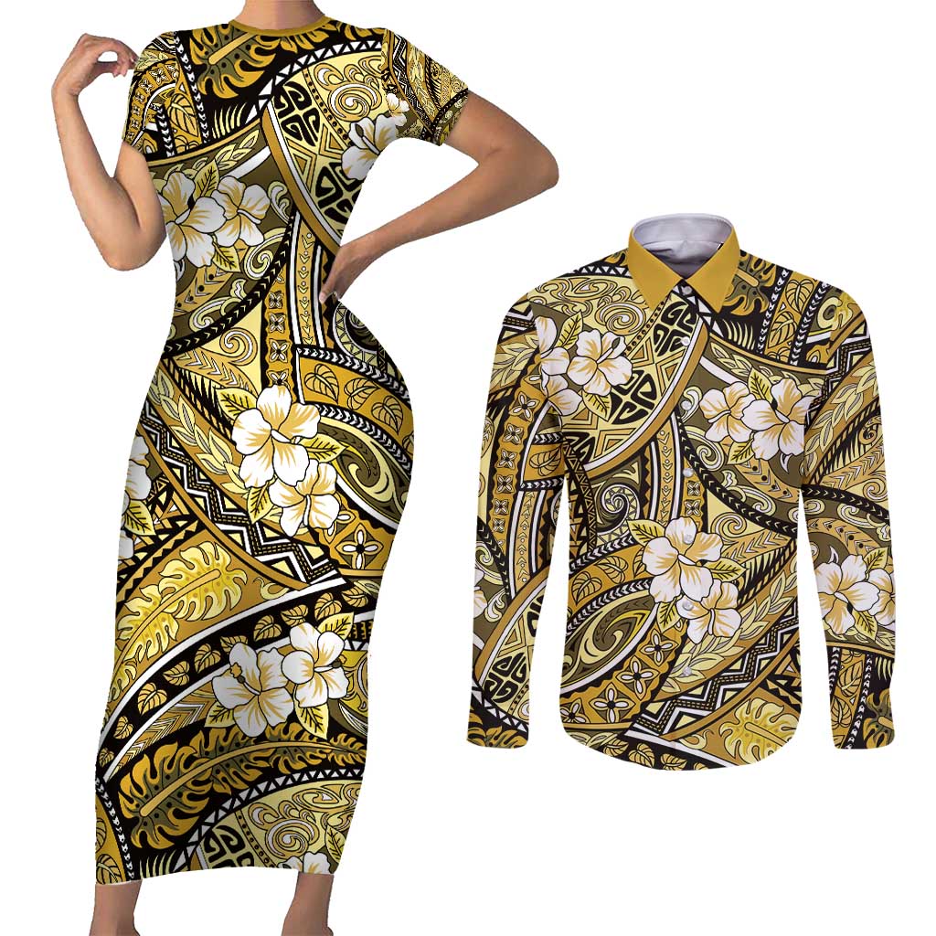 Polynesian Hibiscus Tropical Yellow Floral Couples Matching Short Sleeve Bodycon Dress and Long Sleeve Button Shirt Tribal Pattern - Polynesian Pride