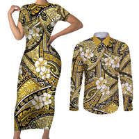 Polynesian Hibiscus Tropical Yellow Floral Couples Matching Short Sleeve Bodycon Dress and Long Sleeve Button Shirt Tribal Pattern - Polynesian Pride