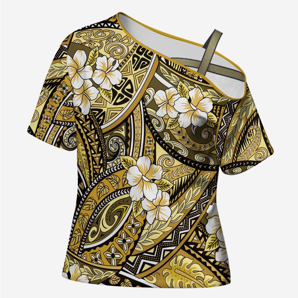 Polynesian Hibiscus Tropical Yellow Floral Cross Shoulder Shirt Tribal Pattern - Polynesian Pride